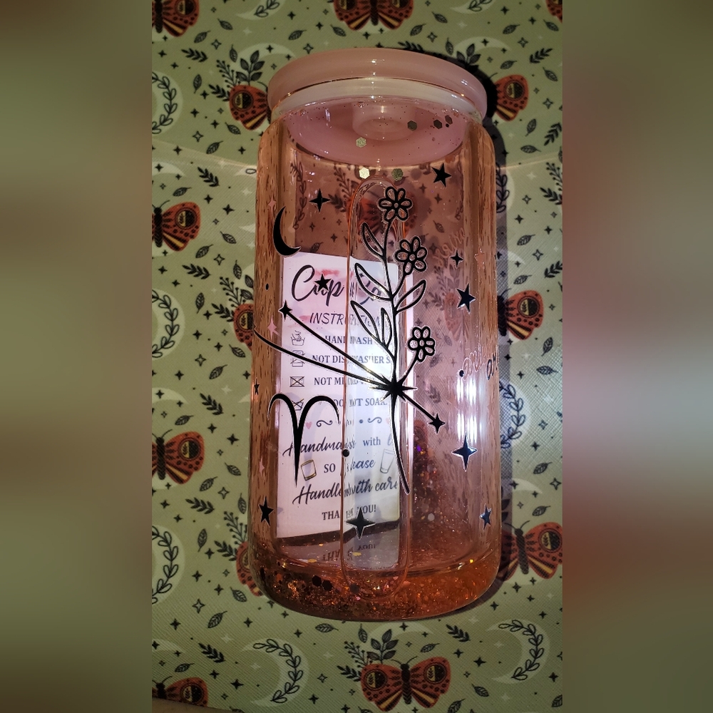 Astrology-Themed Pink Glass Tumbler